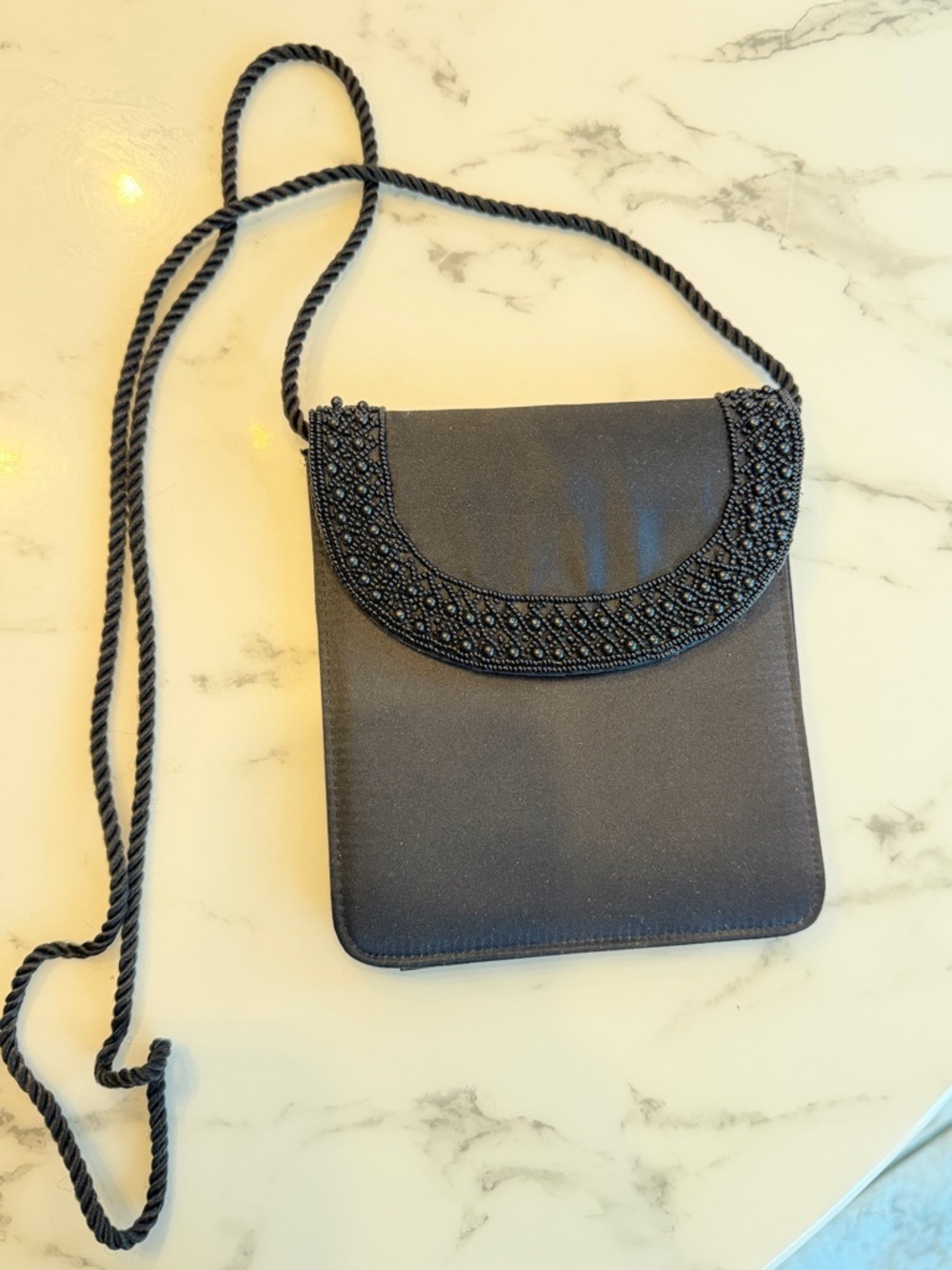 EUC: Vintage Black Satin Beaded Crossbody/Clutch Evening Bag